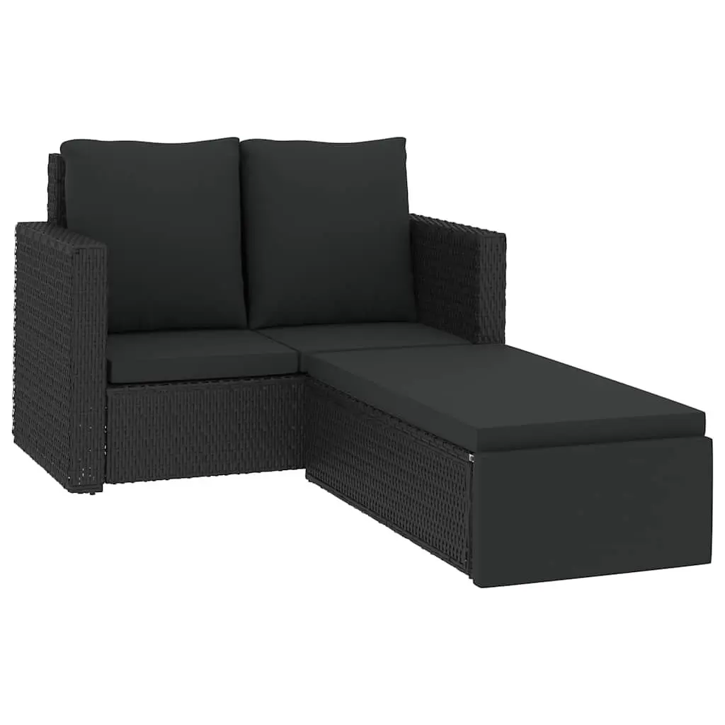 2 Piece Garden Lounge Set Black PE Rattan Sofa Stool with Cushions Weather Resistant Outdoor Patio