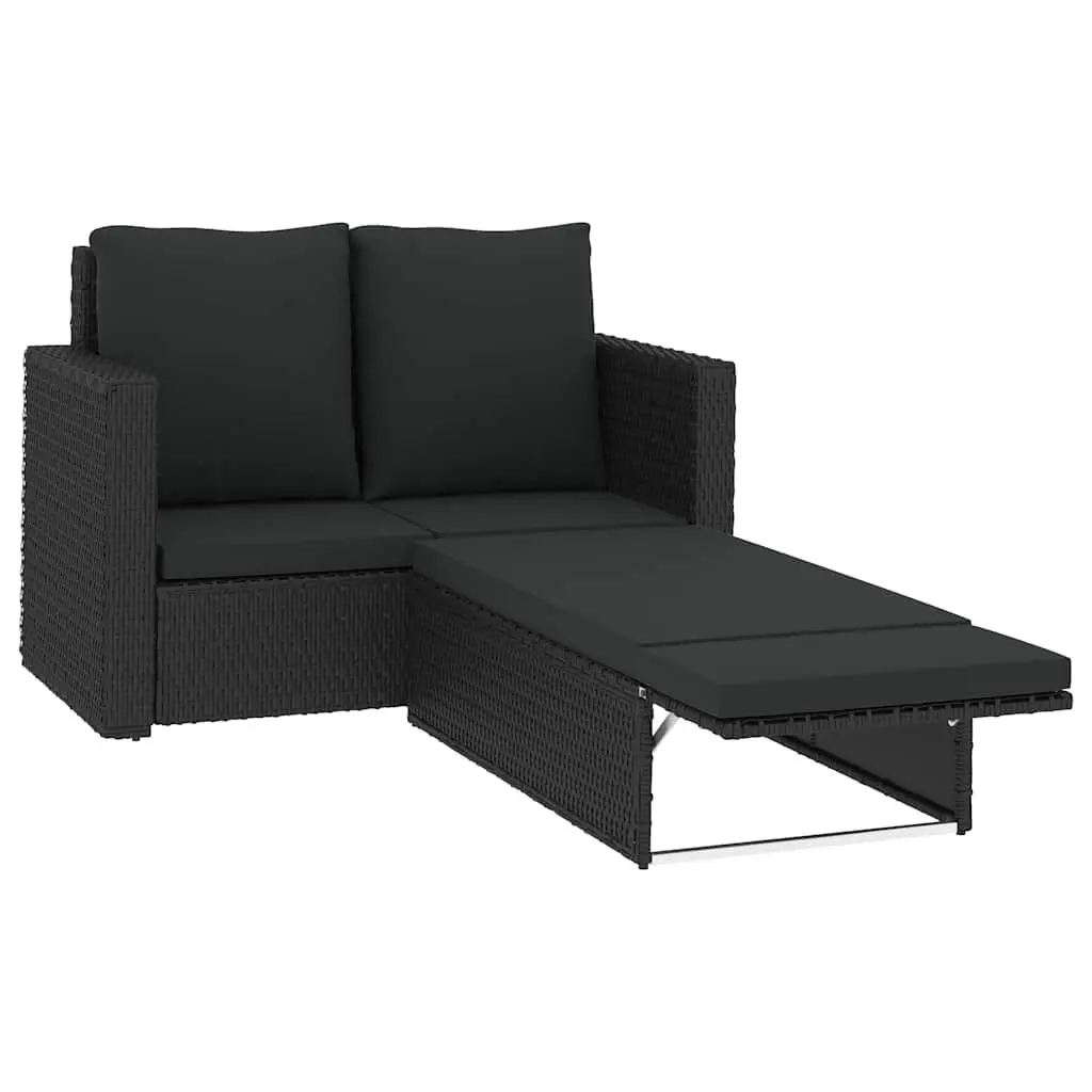 2 Piece Garden Lounge Set Black PE Rattan Sofa Stool with Cushions Weather Resistant Outdoor Patio