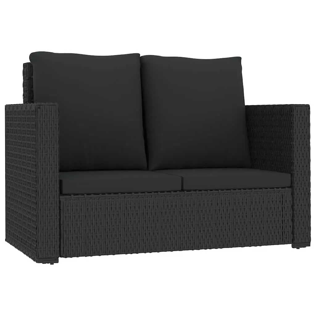 2 Piece Garden Lounge Set Black PE Rattan Sofa Stool with Cushions Weather Resistant Outdoor Patio