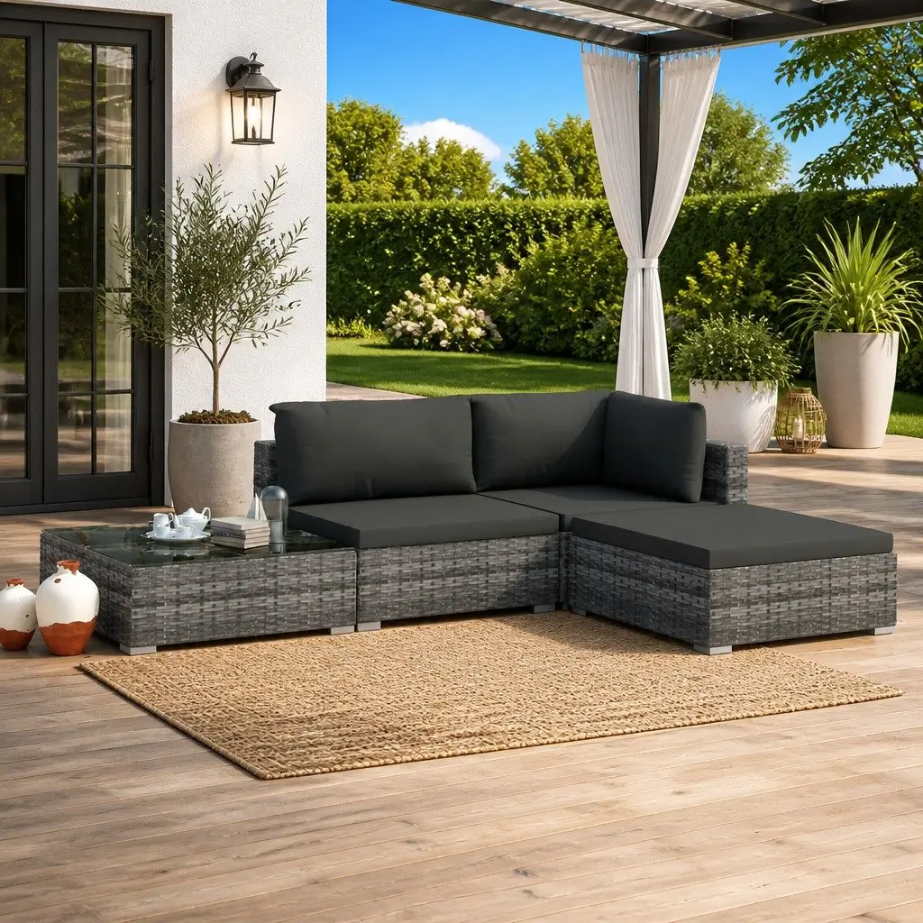 4 Piece Garden Lounge Sofa Set Grey Rattan Weather-resistant Outdoor Furniture with Cushions