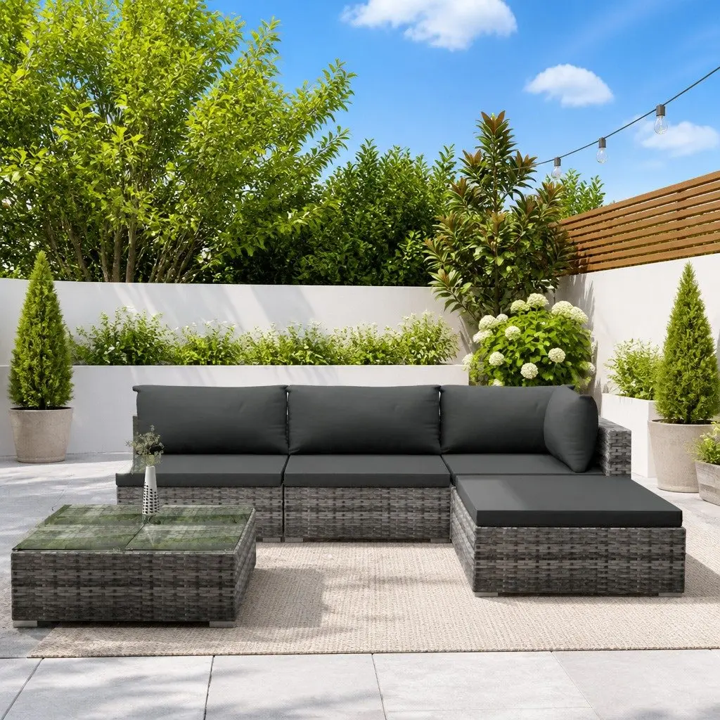 5 Piece Garden Lounge Set Grey Modular Outdoor Rattan Sofa with Cushions
