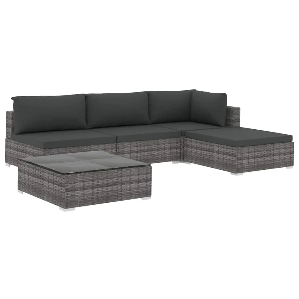 5 Piece Garden Lounge Set Grey Modular Outdoor Rattan Sofa with Cushions