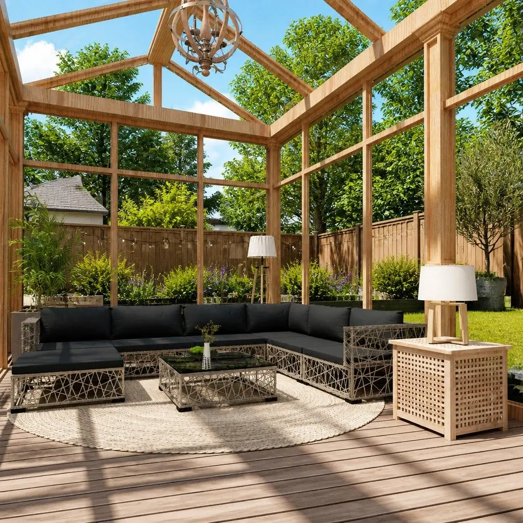 Outdoor Lounge Set Grey 8 Piece Modular Weather-Resistant PE Rattan Patio Furniture