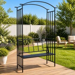 Compact Black Garden Arch with Integrated Bench Seating