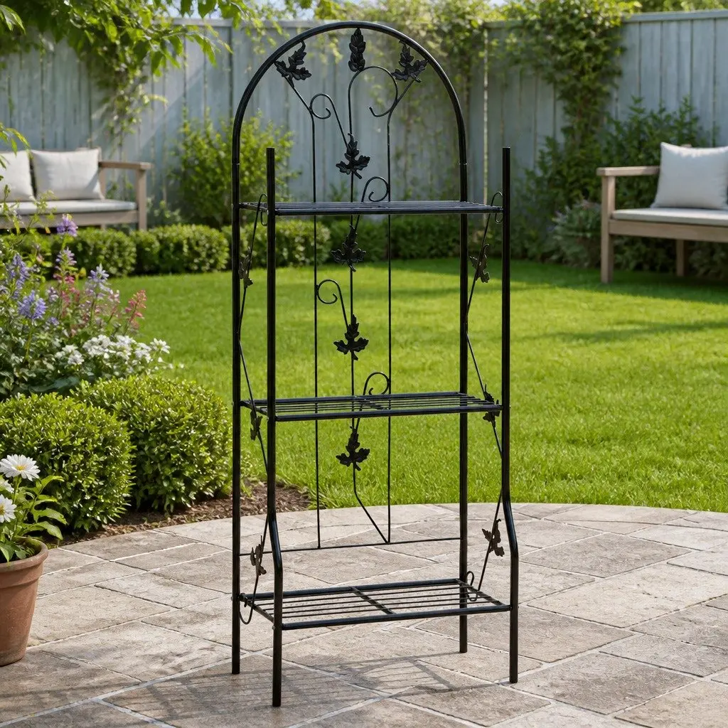 3-Layer Plant Stand Rack Black Iron 3-Tier Shelf Display Indoor Outdoor