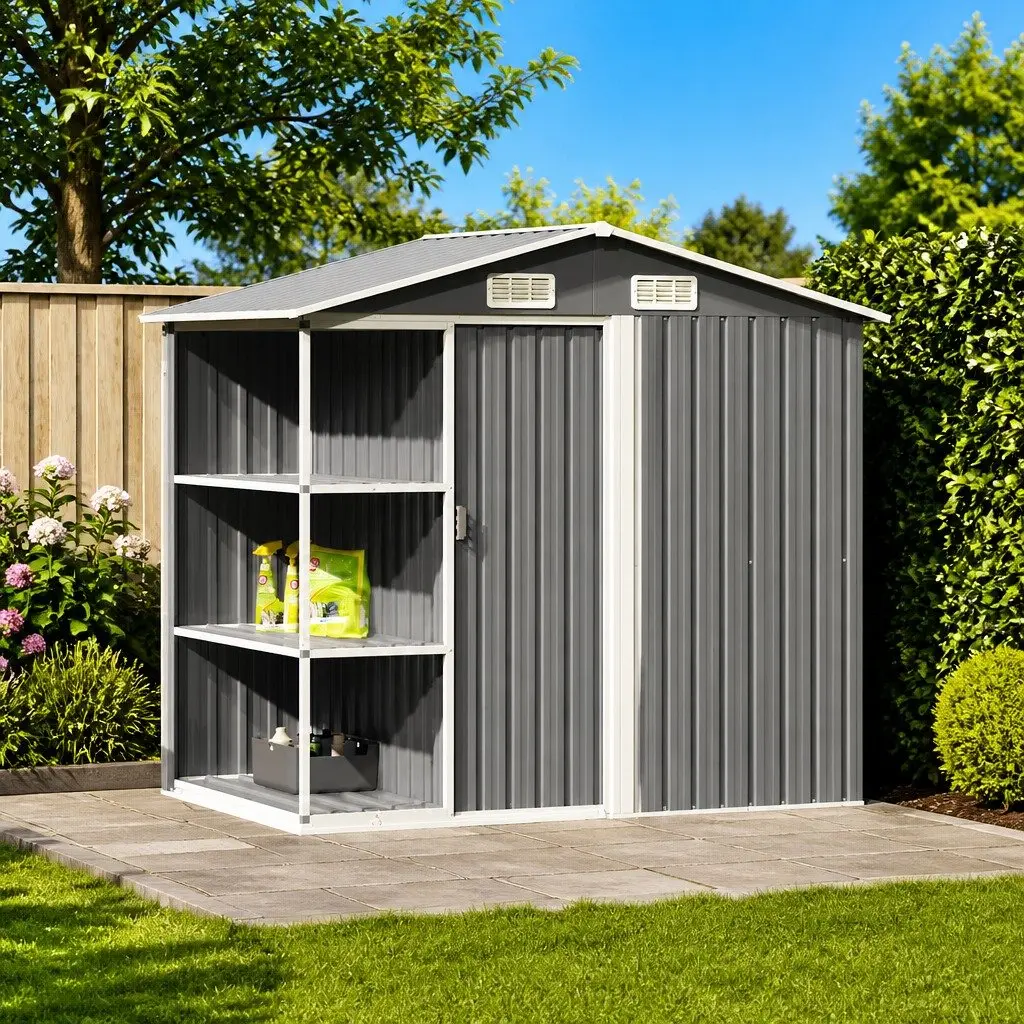 Garden Shed Grey Galvanised Iron Outdoor Storage House with Integral Rack