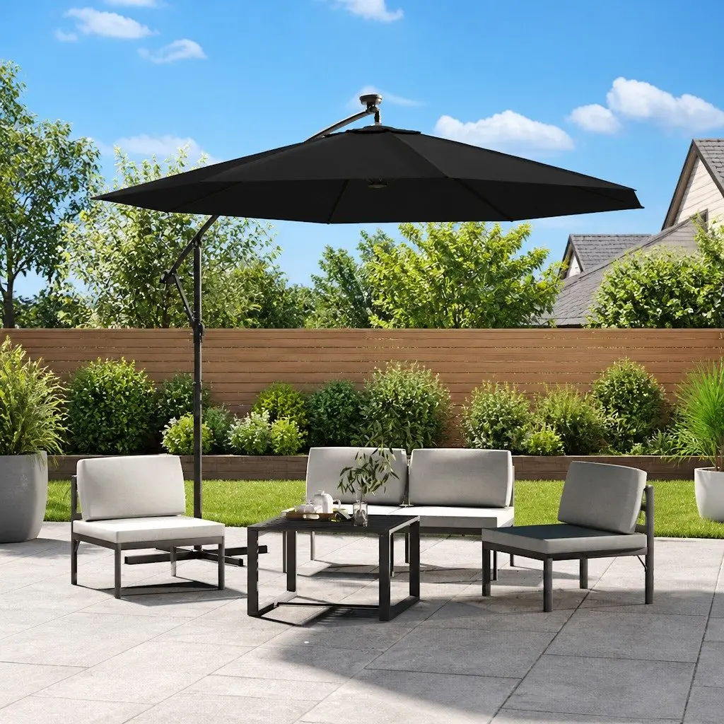 Cantilever Garden Parasol Black 300cm with LED Lights Steel Pole Outdoor Sunshade