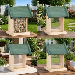Compact 4 Piece Set of Wooden Bird Feeders for Outdoors