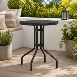 Round Garden Table 80cm Black Steel Frame Glass Top Patio Outdoor Dining