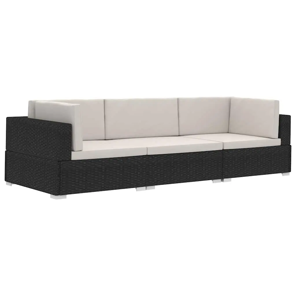 Outdoor Sofa Set Black 3 Piece Poly Rattan Patio Furniture with Cushions