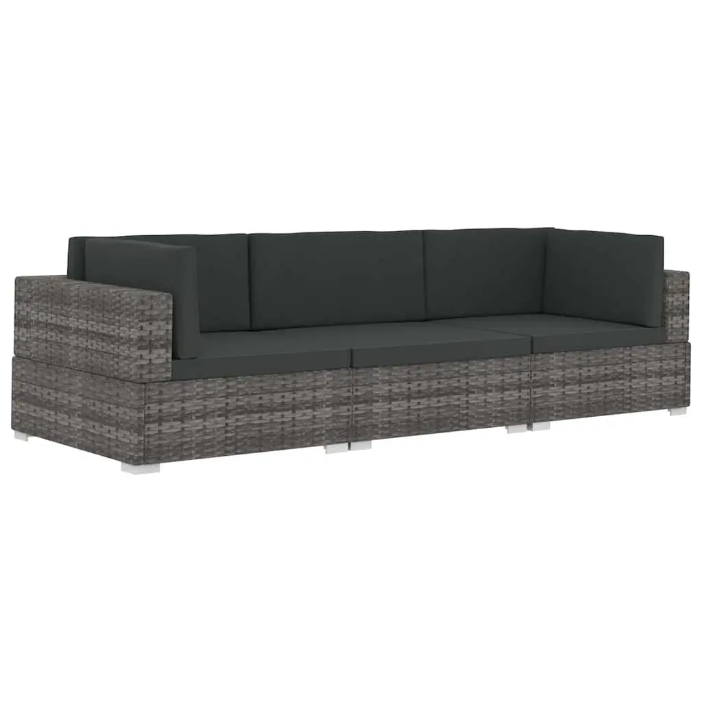 Outdoor Garden Sofa Set Grey 3 Piece Poly Rattan Patio Furniture with Cushions