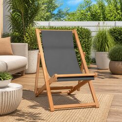 Folding Beach Chair Teak Wood Grey Outdoor Garden Deck Lounge Seat Adjustable