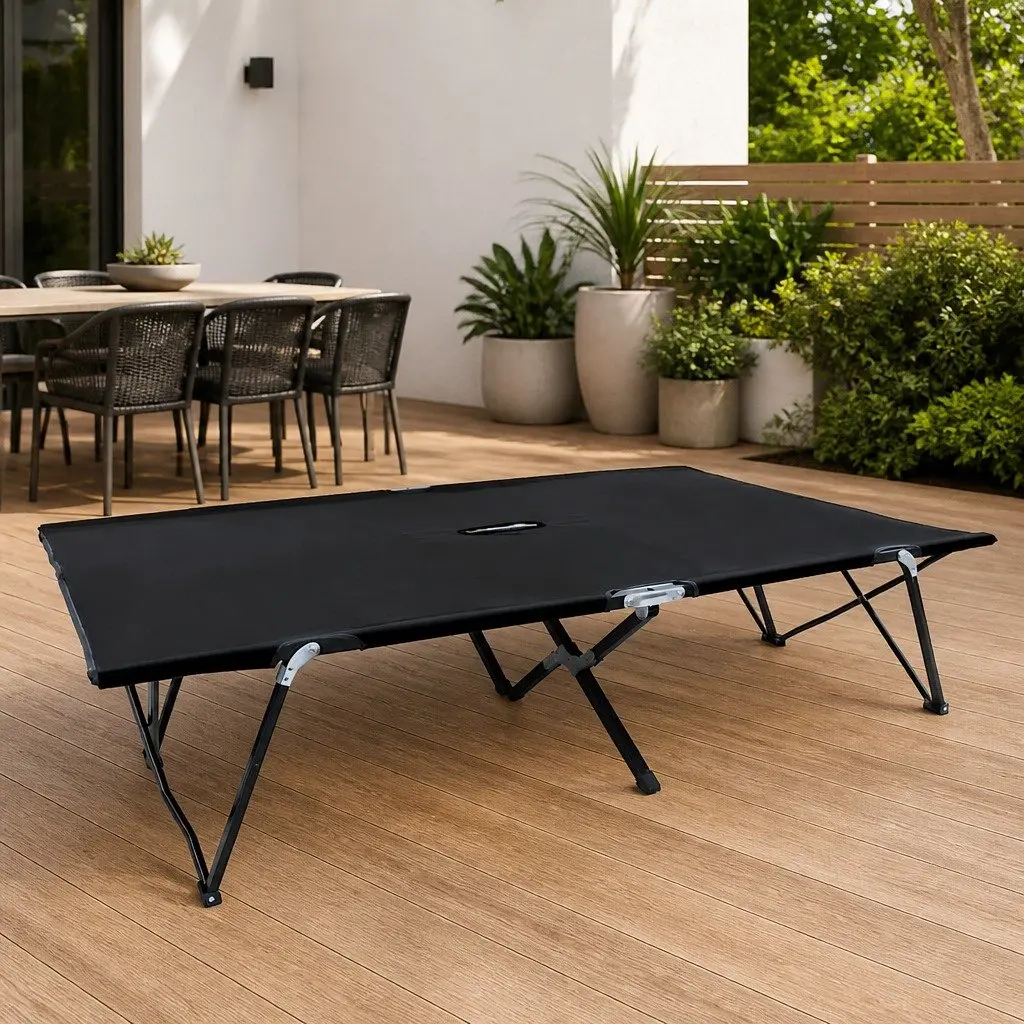 Two Person Folding Sun Lounger Camping Cot Outdoor Seating Black Steel Frame