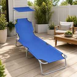 Blue Folding Sun Lounger with Canopy Adjustable Backrest Outdoor Patio Garden