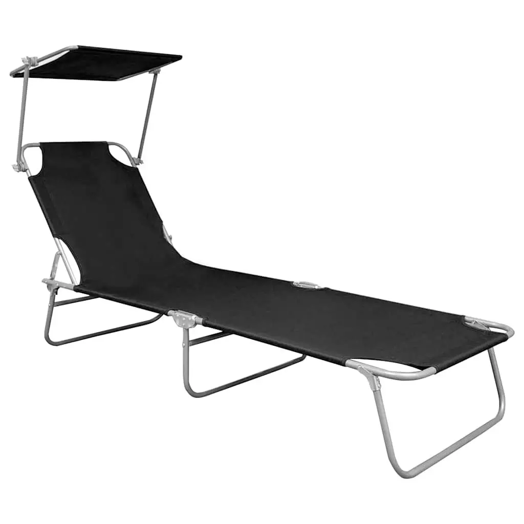 Sun Lounger Black Adjustable Backrest Folding with Canopy