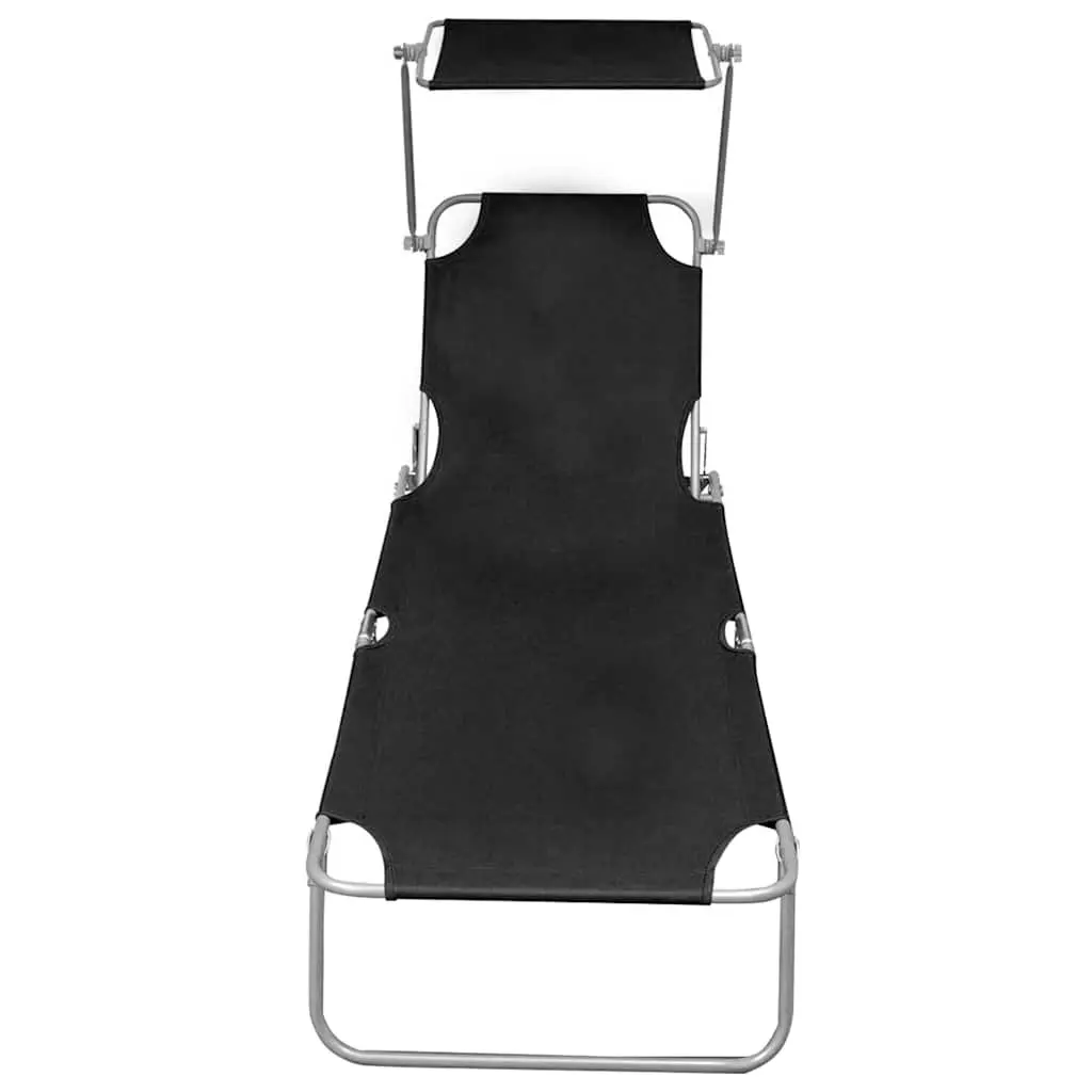 Sun Lounger Black Adjustable Backrest Folding with Canopy