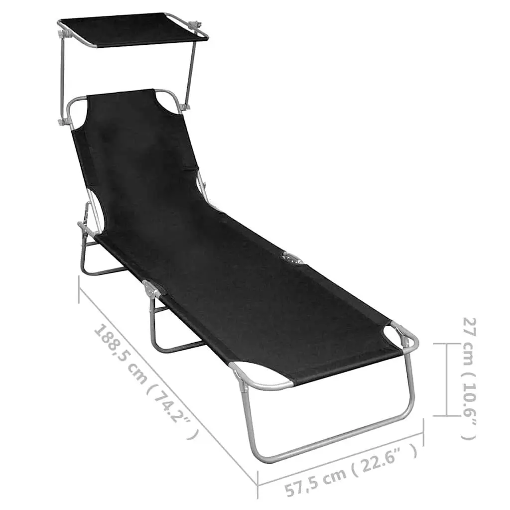 Sun Lounger Black Adjustable Backrest Folding with Canopy