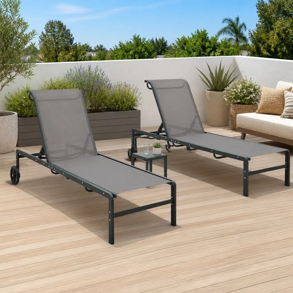 Sun Loungers Set Grey 2 Piece Adjustable Backrest Textilene Outdoor Garden Patio Lounger with Table