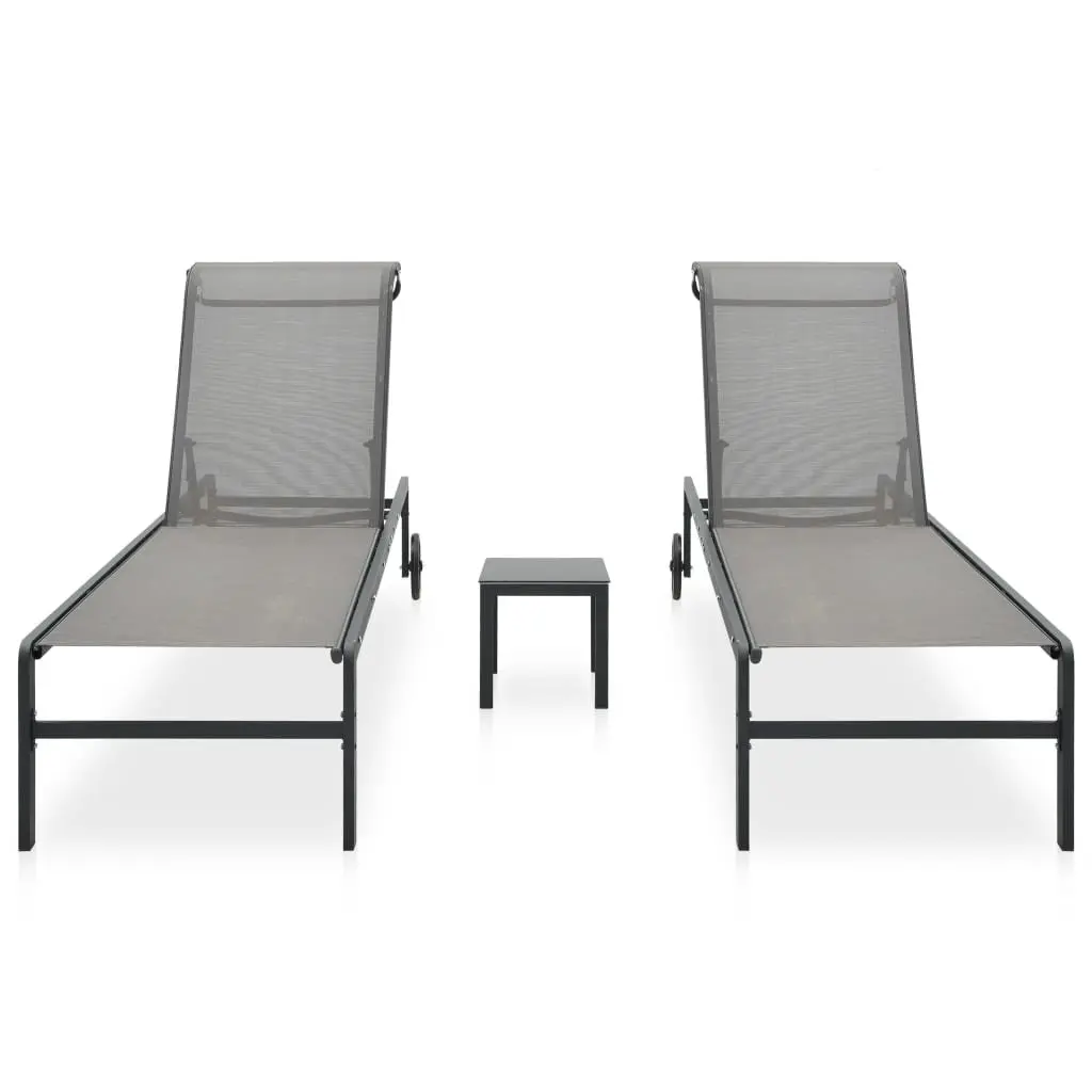 Sun Loungers Set Grey 2 Piece Adjustable Backrest Textilene Outdoor Garden Patio Lounger with Table