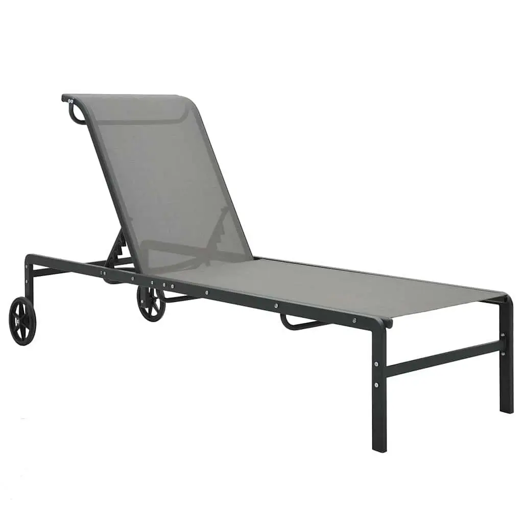 Sun Loungers Set Grey 2 Piece Adjustable Backrest Textilene Outdoor Garden Patio Lounger with Table
