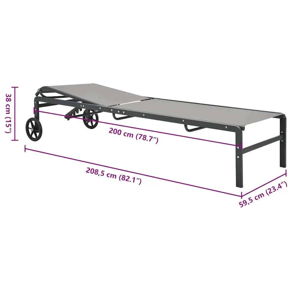 Sun Loungers Set Grey 2 Piece Adjustable Backrest Textilene Outdoor Garden Patio Lounger with Table