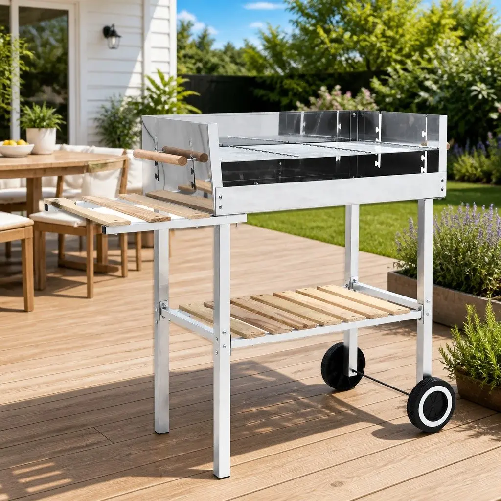 XXL Trolley Charcoal BBQ Grill Silver Stainless Steel 2 Shelves Adjustable Cooking Grid