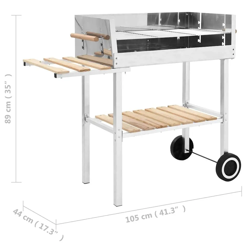XXL Trolley Charcoal BBQ Grill Silver Stainless Steel 2 Shelves Adjustable Cooking Grid