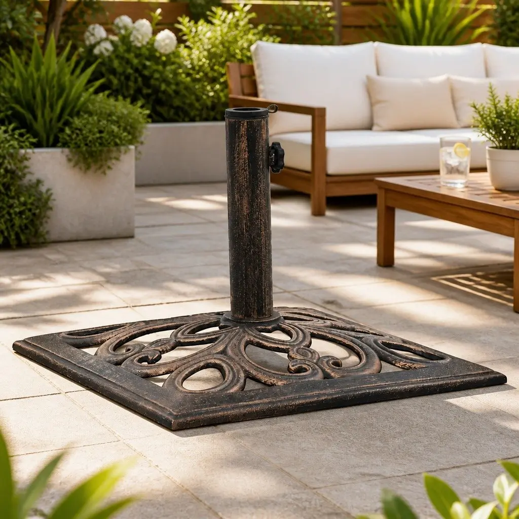 Cast Iron Umbrella Base Brown Outdoor Stand 49cm Weighted Support for Garden Patio
