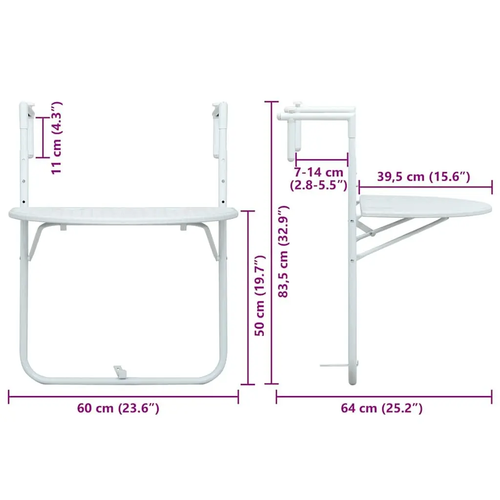 Hanging Balcony Table White Outdoor Coffee Worktop Foldable Adjustable Height