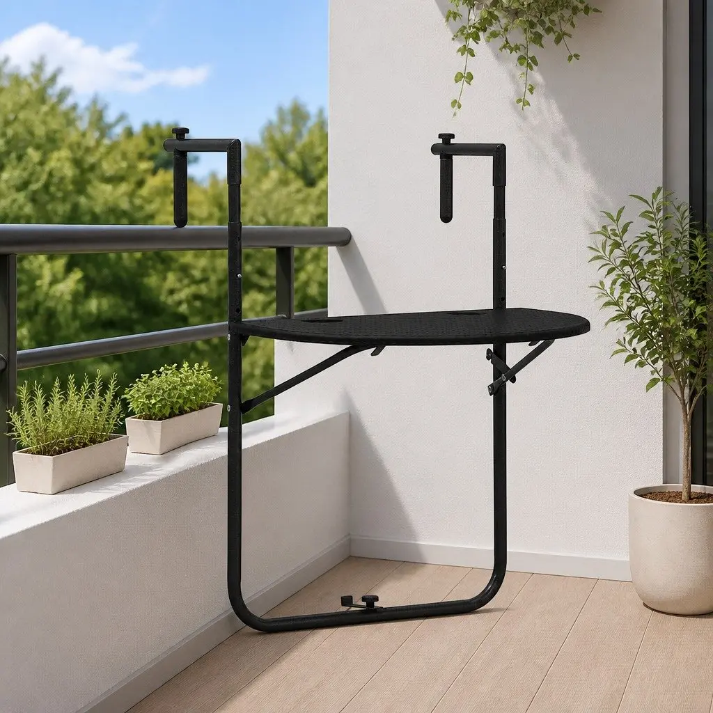Black Foldable Balcony Table with Rattan Look