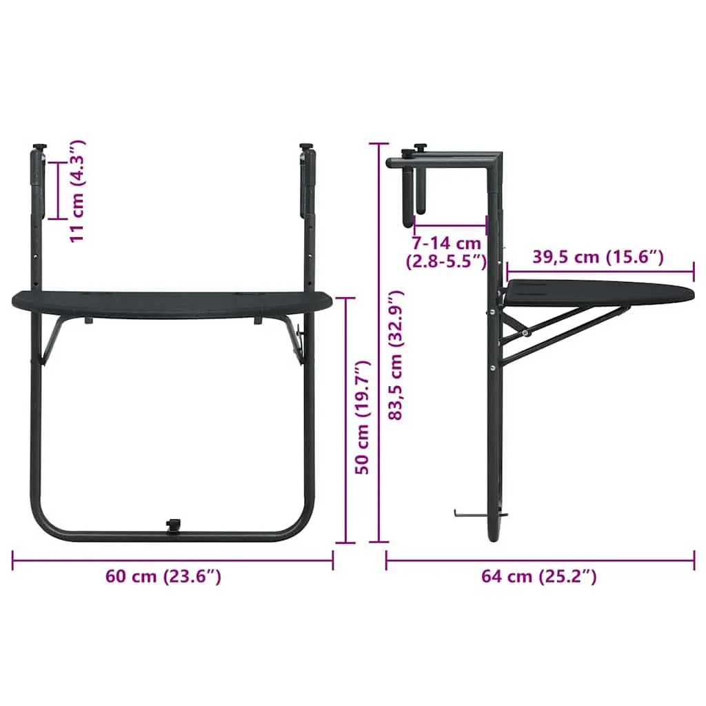 Black Foldable Balcony Table with Rattan Look
