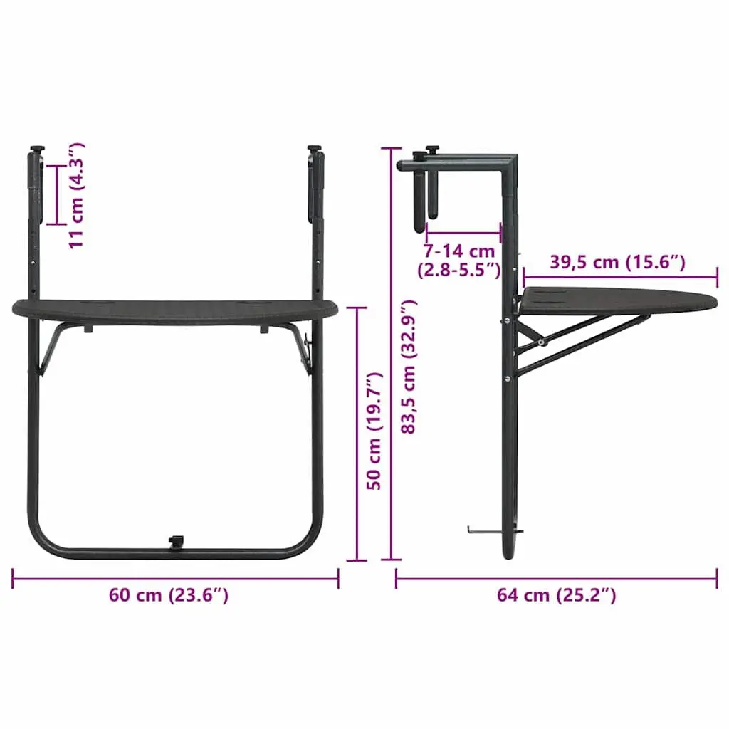 Hanging Balcony Table Foldable Outdoor Coffee Worktop Steel Frame Rattan Look