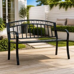 Outdoor Garden Bench 125cm Black Metal Seating Curved Armrests Patio Furniture