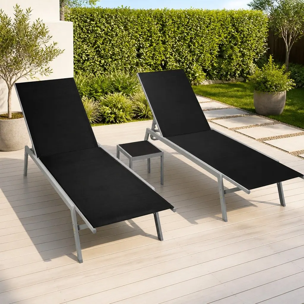 Sun Loungers Set 2 pcs with Table Steel Frame Textilene Garden Outdoor Furniture