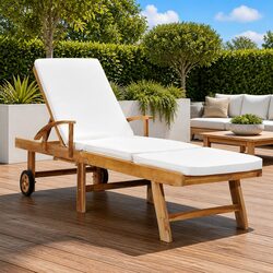 Sun Lounger with Cushion Adjustable Backrest Outdoor Garden Deck Chair Wheels