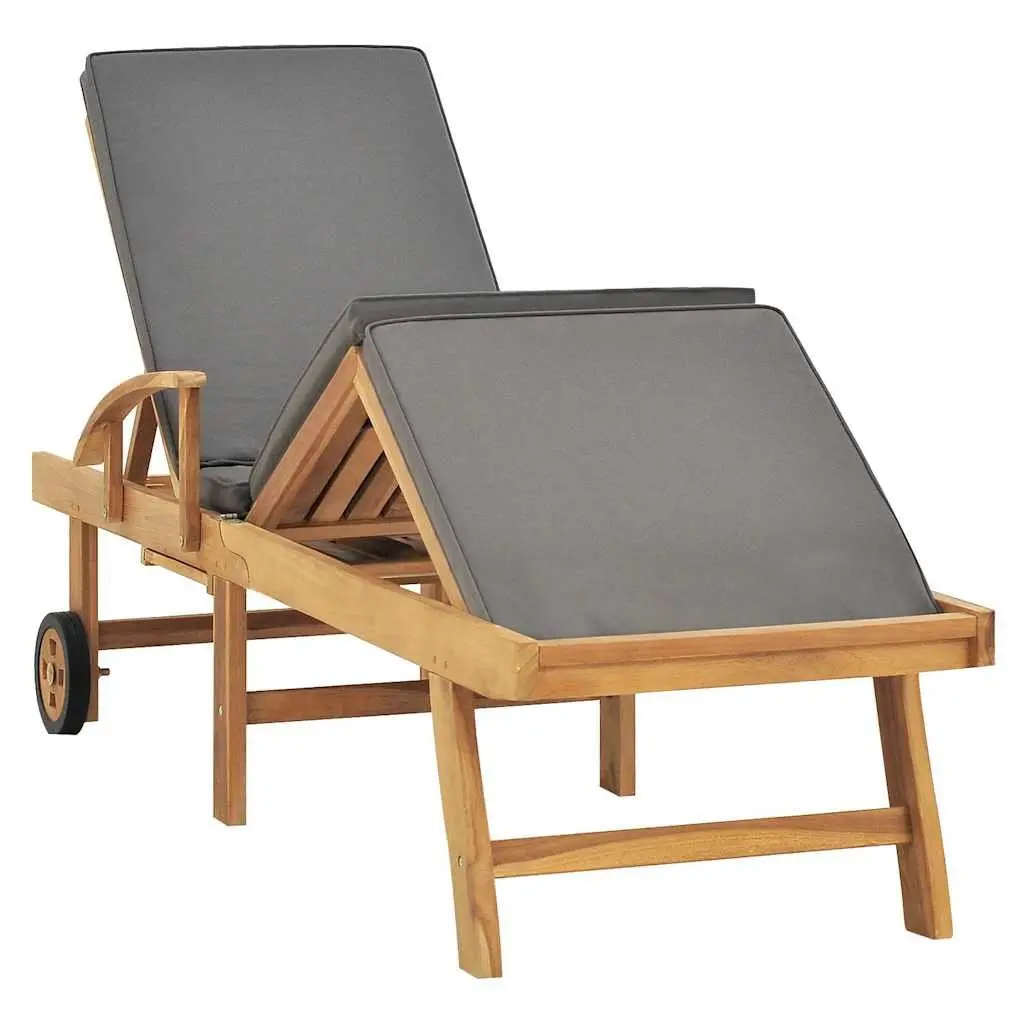 Sun Lounger Grey Teak Wood Adjustable Backrest with Cushion and Wheels