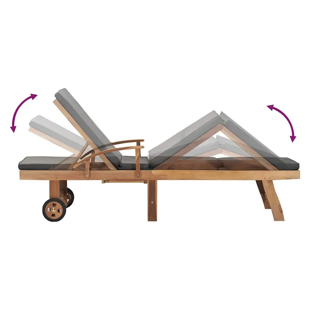 Sun Lounger Grey Teak Wood Adjustable Backrest with Cushion and Wheels