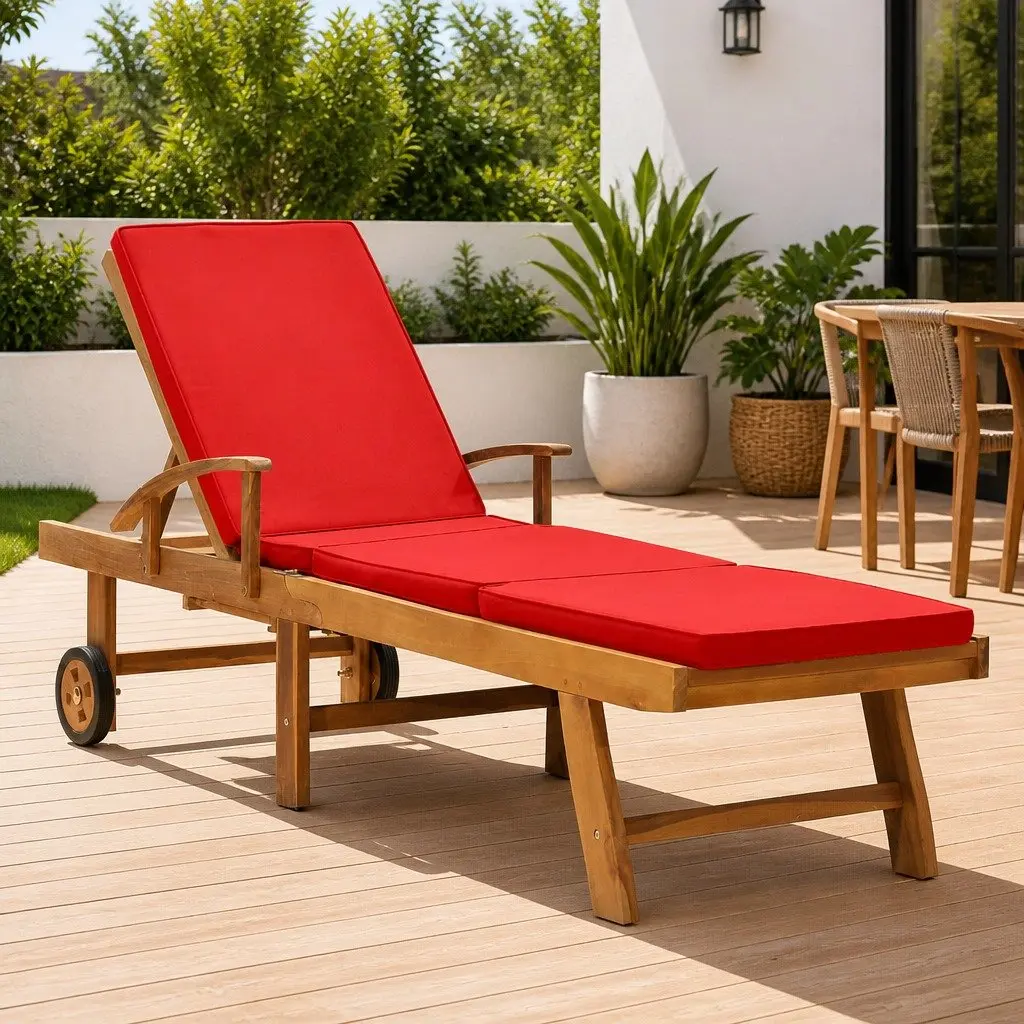 Sun Lounger Red Teak Hardwood Adjustable Backrest with Cushion and Wheels
