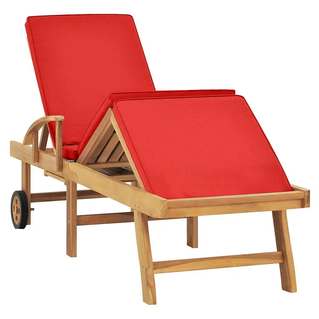 Sun Lounger Red Teak Hardwood Adjustable Backrest with Cushion and Wheels