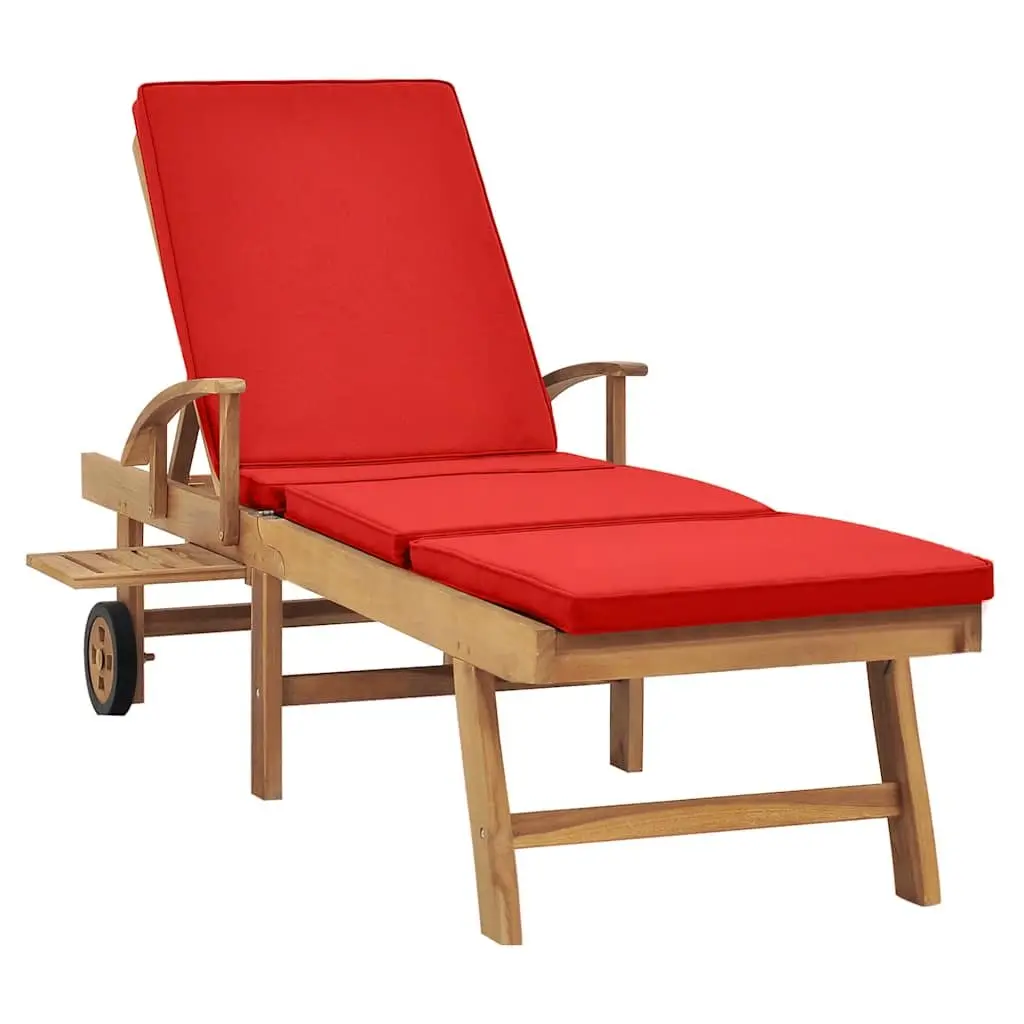 Sun Lounger Red Teak Hardwood Adjustable Backrest with Cushion and Wheels