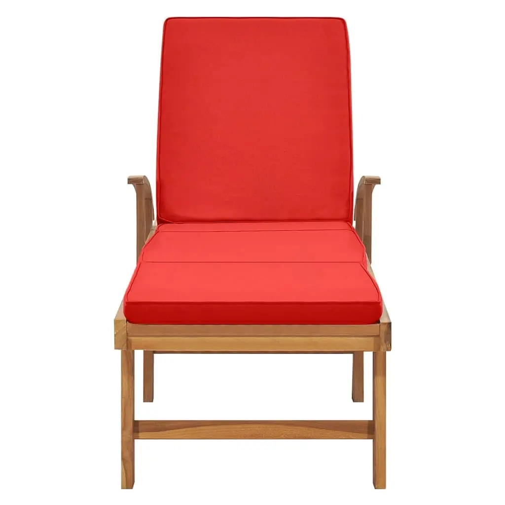 Sun Lounger Red Teak Hardwood Adjustable Backrest with Cushion and Wheels