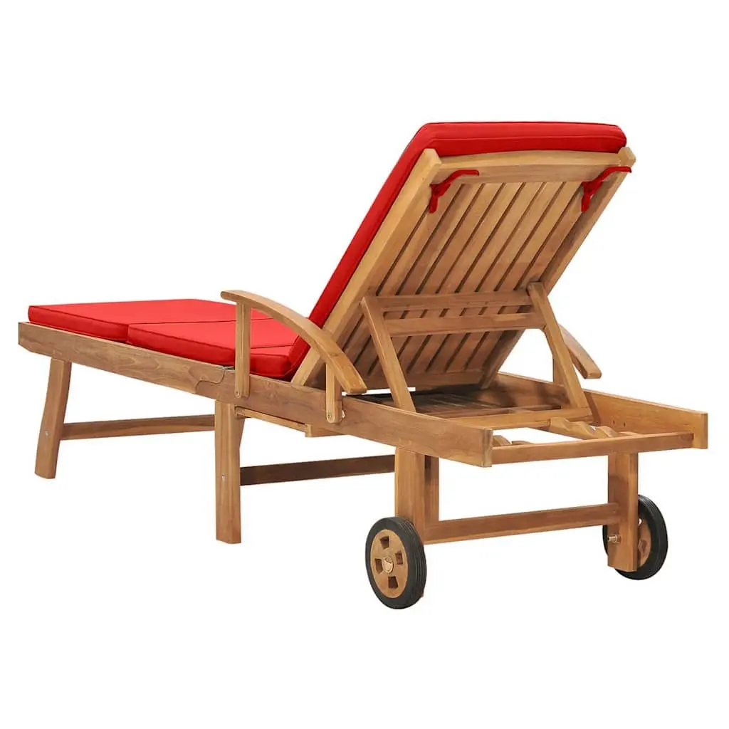 Sun Lounger Red Teak Hardwood Adjustable Backrest with Cushion and Wheels