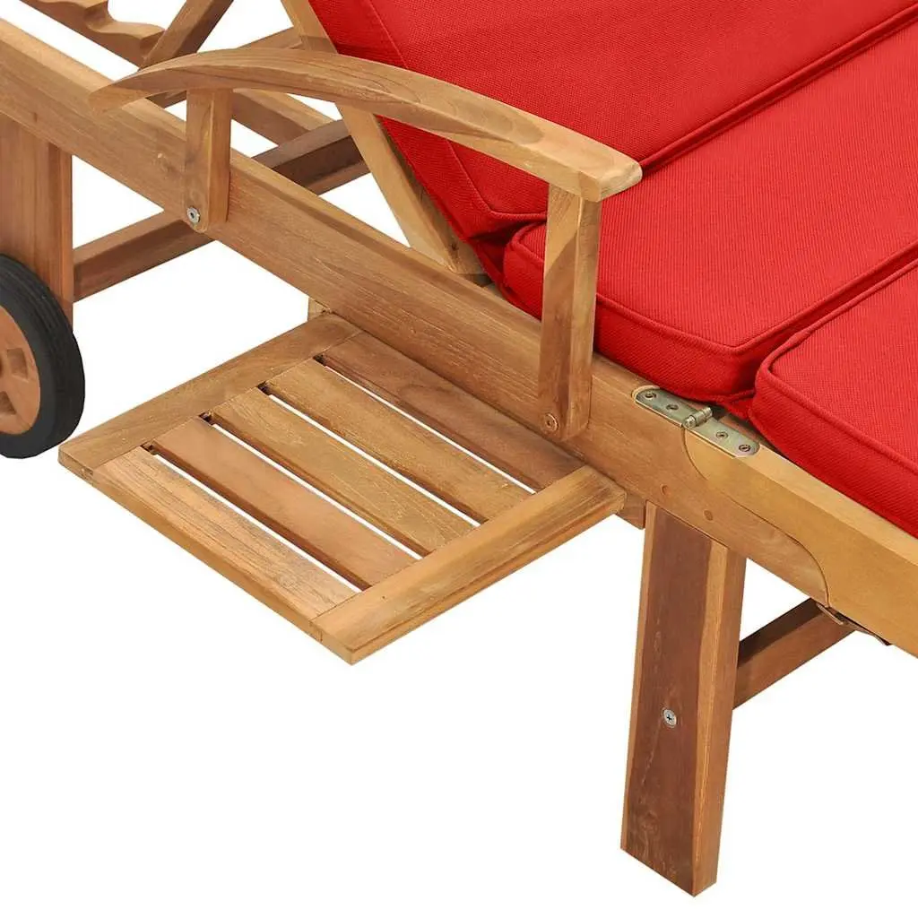 Sun Lounger Red Teak Hardwood Adjustable Backrest with Cushion and Wheels