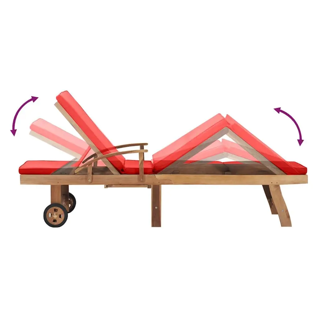 Sun Lounger Red Teak Hardwood Adjustable Backrest with Cushion and Wheels