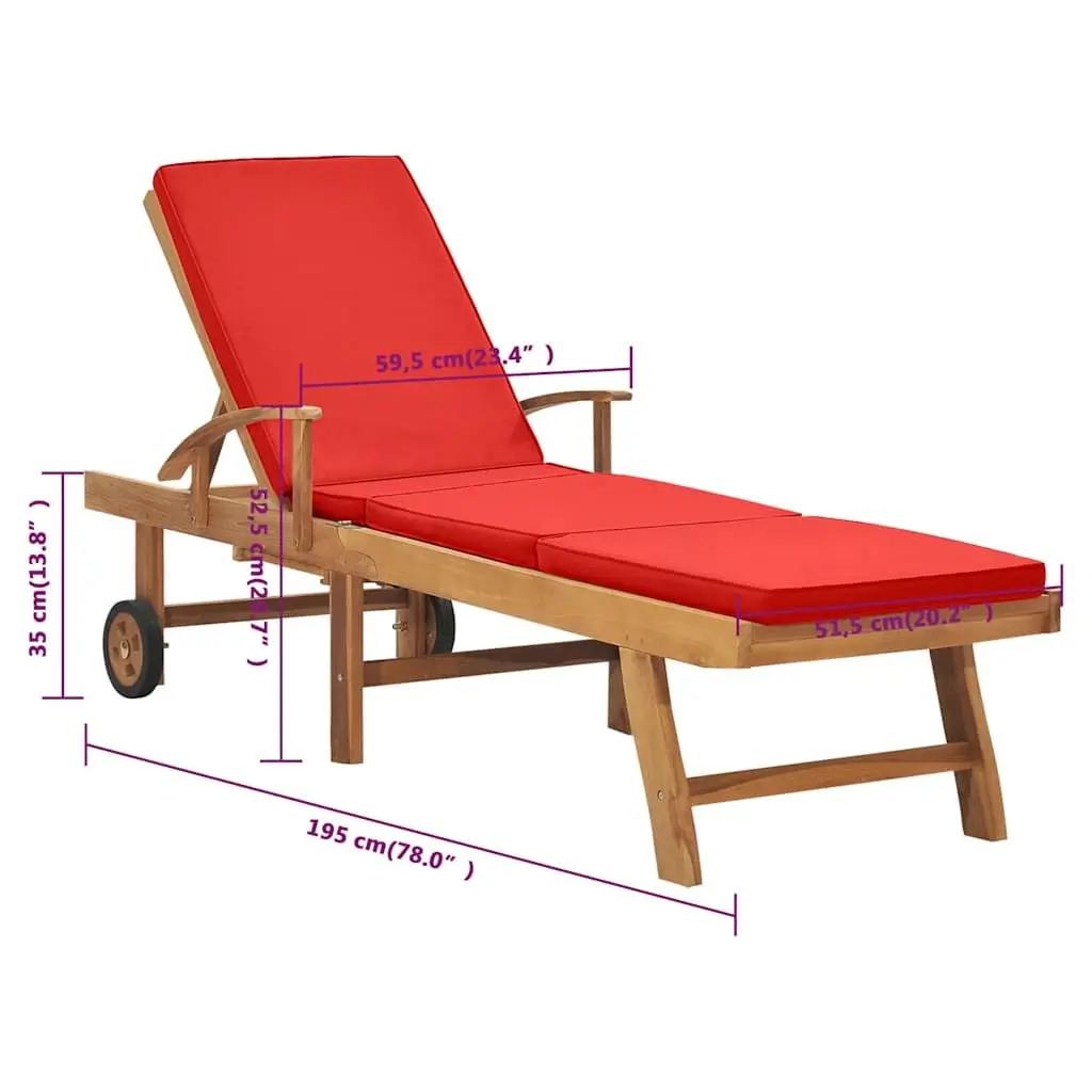 Sun Lounger Red Teak Hardwood Adjustable Backrest with Cushion and Wheels