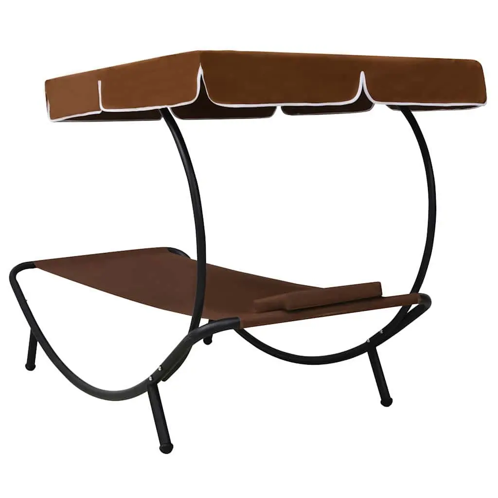 Outdoor Sun Lounger Bed Brown with Canopy and Pillow for Garden Patio Beach Relaxation