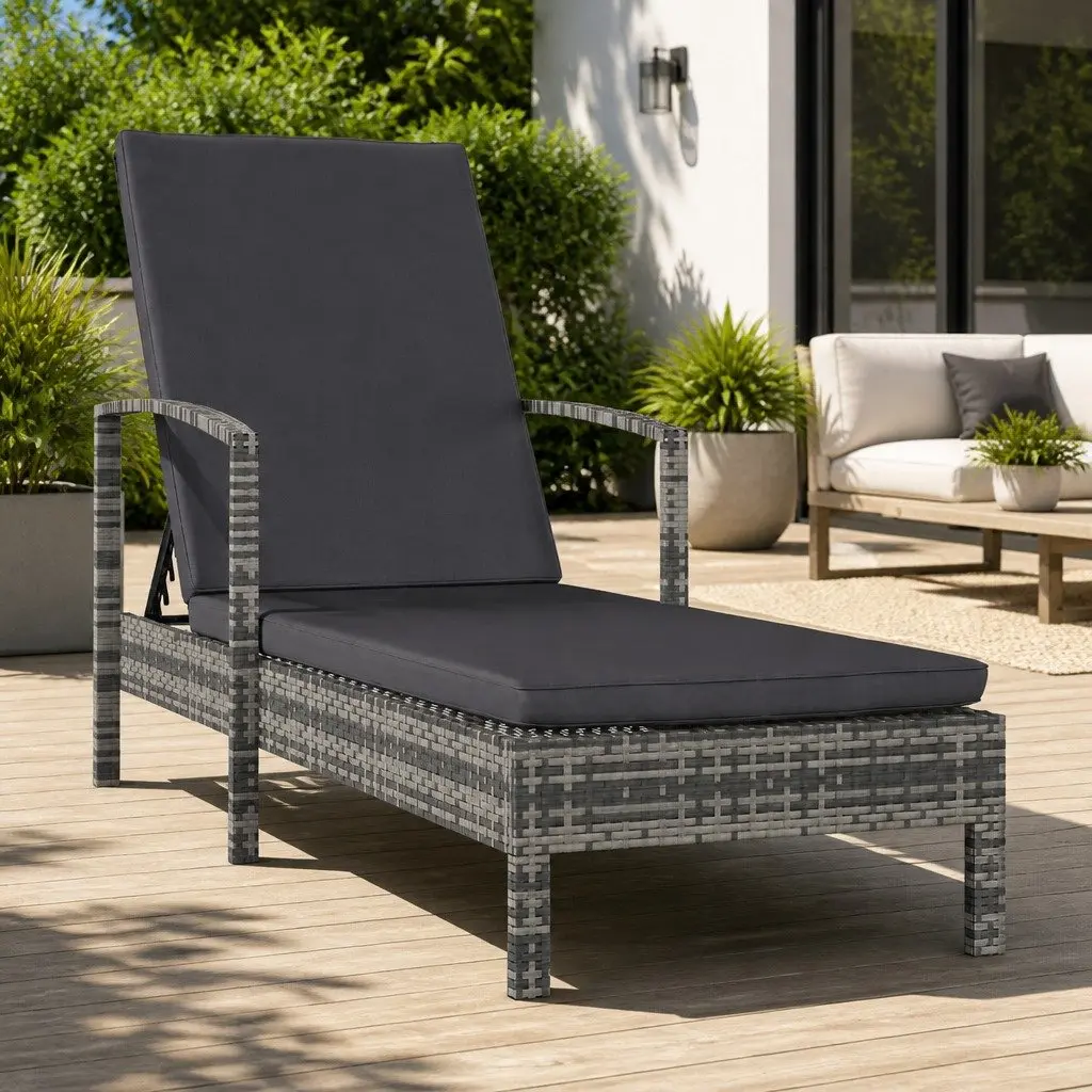 Sun Lounger Grey Adjustable Poly Rattan Outdoor Patio Deck Chair with Armrests