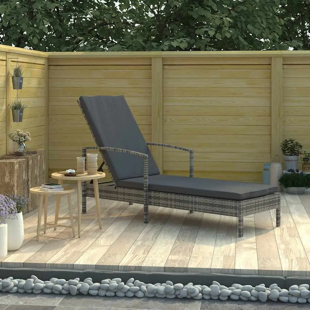 Sun Lounger Grey Adjustable Poly Rattan Outdoor Patio Deck Chair with Armrests