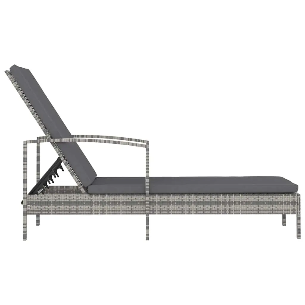 Sun Lounger Grey Adjustable Poly Rattan Outdoor Patio Deck Chair with Armrests