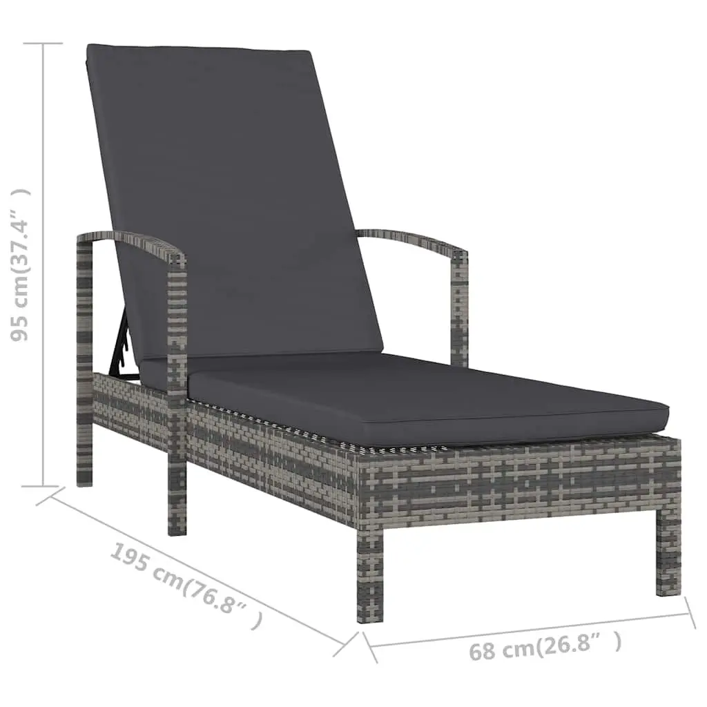 Sun Lounger Grey Adjustable Poly Rattan Outdoor Patio Deck Chair with Armrests